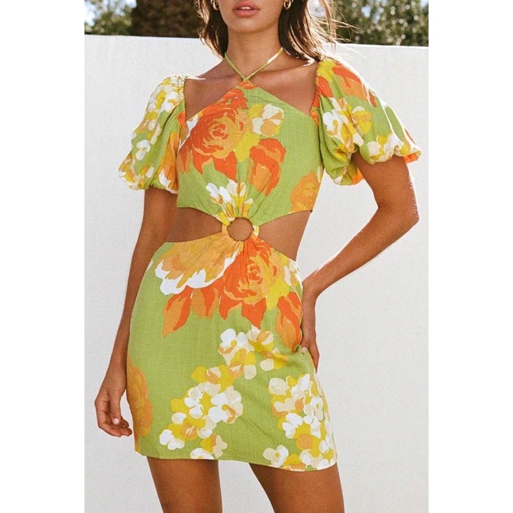 Sabo Skirt Green Floral Cutout Ring Mini Dress Puff Sleeve Size M USA 6